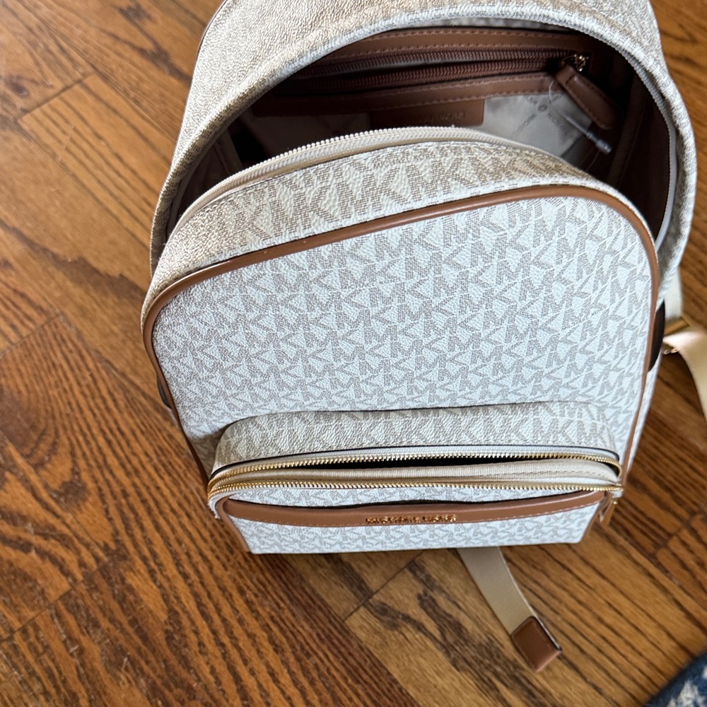 Michael Kors Beige Signature Mini Backpack with Tan Trim